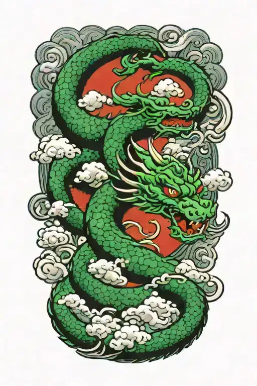 Green Dragon And Japanese Clouds With Thunder