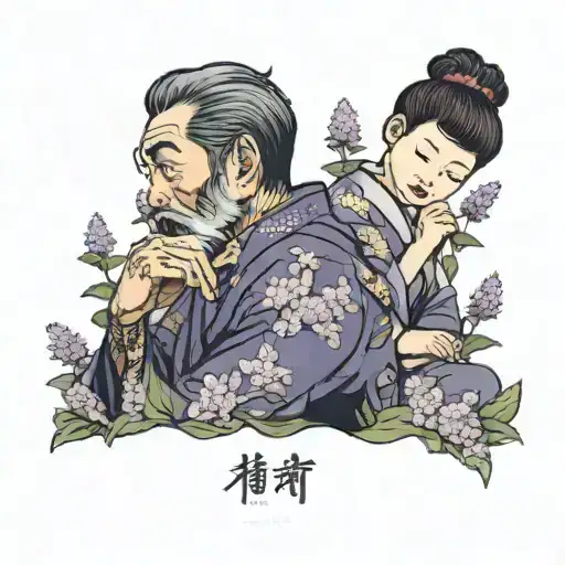 A Father And His Daughter With Lilacs