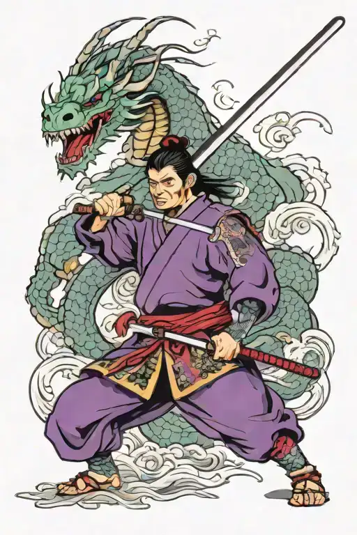 Samurai With Purple Flamed Katana Slaying A Mythical Dragon