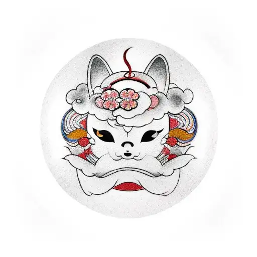 Cherry Blossom And Kitsune Mask Inside An Enso Circle