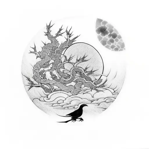 Monk With Koifish And A Moon With A Crow On It Behind A Dead Tree