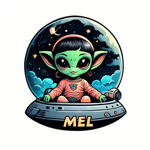 Tattoo Of A Super Cute Baby Girl Alien In A Spaceship With Mel Written On Panels