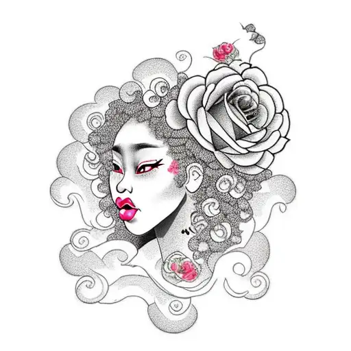 Black Girl Side Profile With Big Curly Hair Surrounded With Roses And A Clock On Leg