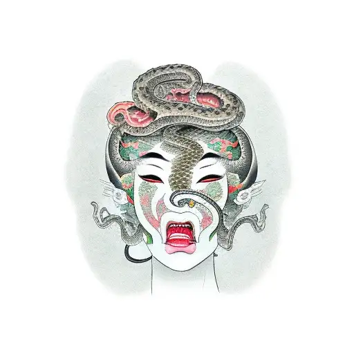 Head Of A Girl With A Snake Crawling Out Of Her Mouth