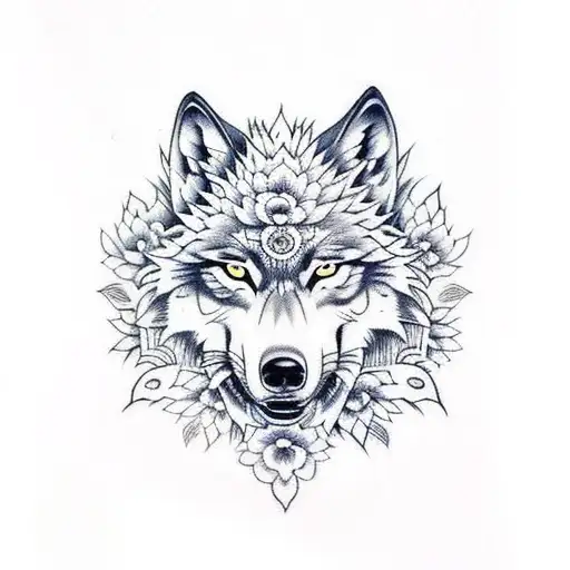 Wolf Head With Flowers