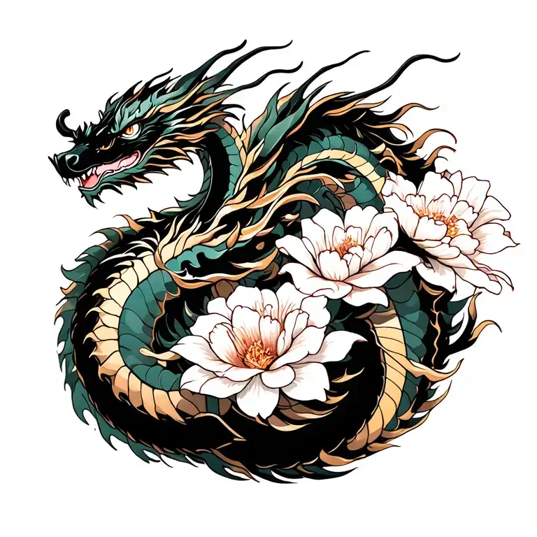 Dragons Intertwined Around Flower Blooming