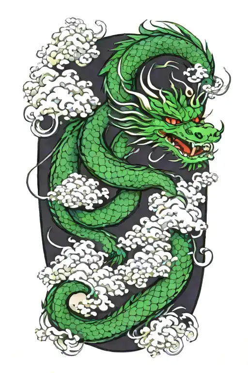 Green Dragon And Japanese Clouds