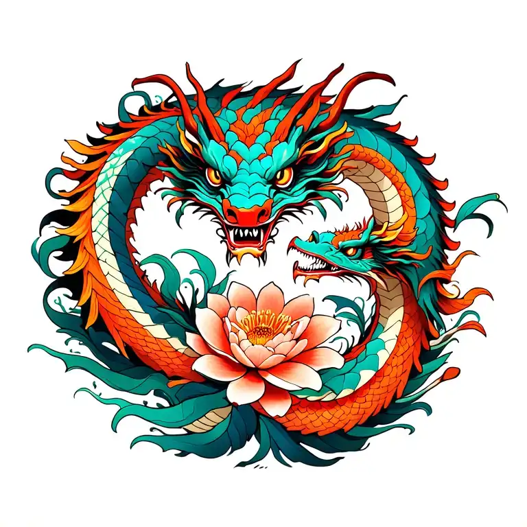 Two Dragons Intertwined Around Flower Blooming