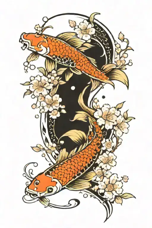 Koi Fish Surrounded By Cherry Blossoms