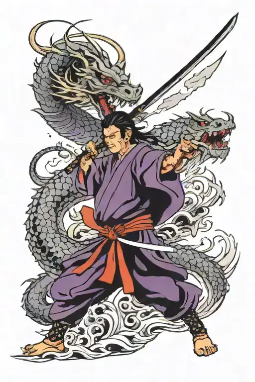 Samurai With Purple Flamed Katana Slaying A Mythical Dragon