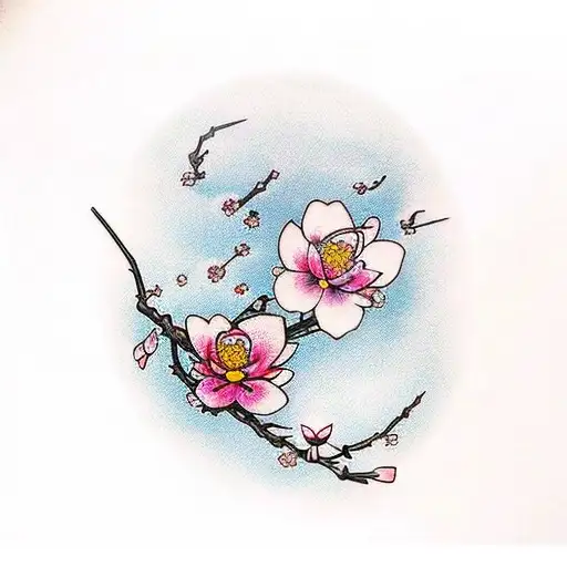 Cherry Blossoms With Thin Branches And One Koi Fish Throuhgout The Flowers