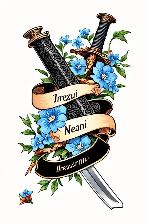 Single Samurai Sword Wrapped In Larkspur Flowers Intertwined With Name Banner