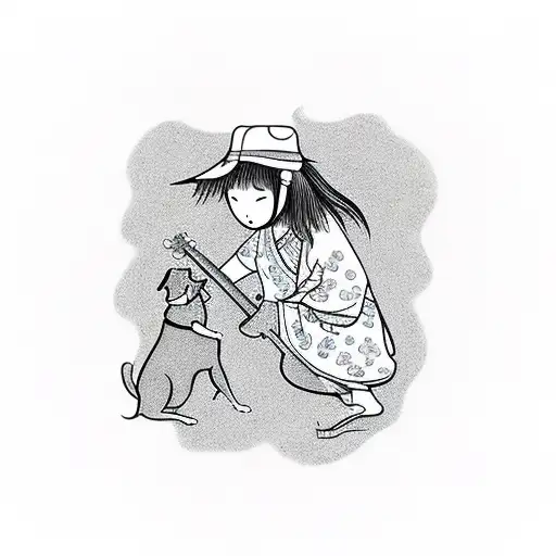 Girl Playing The Guitar With A Dog