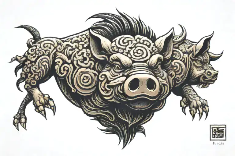 Chinese Zodiac Pig Boar Head And Body Wooden