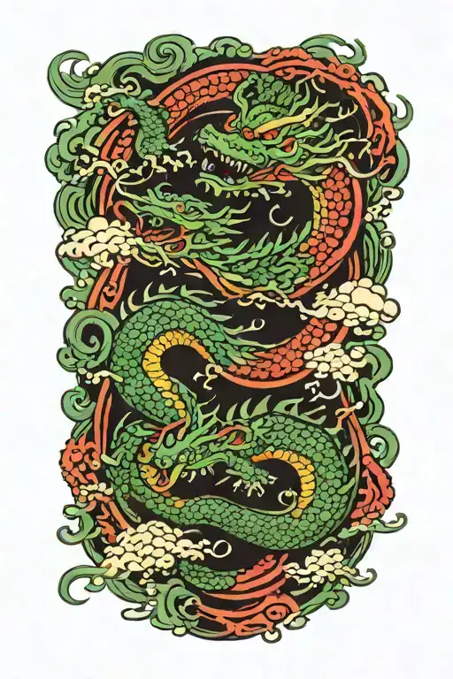 Green Dragon And Japanese Clouds With Thunder