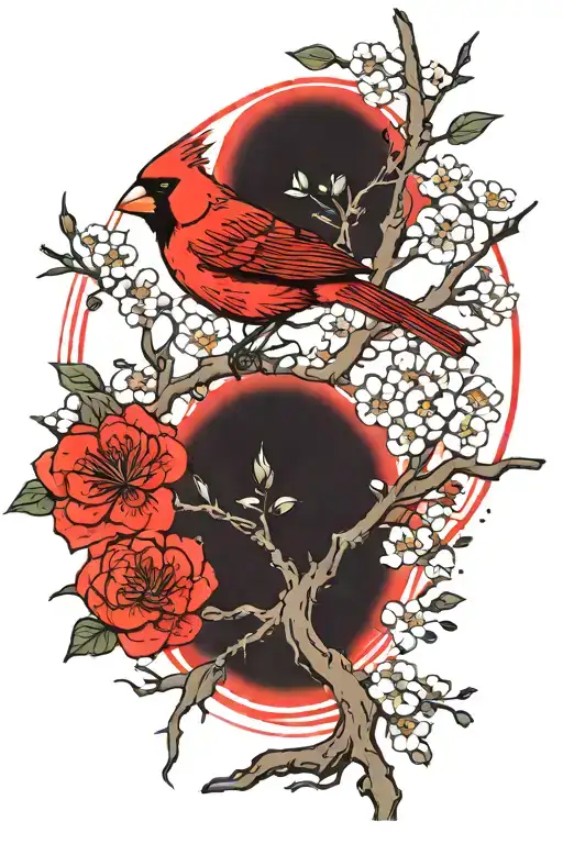 Red Cardinal Perched On A Tree Branch With Flower Surrounded