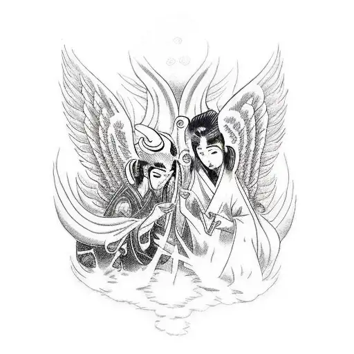 An Angel And Devil Playing A Card Game