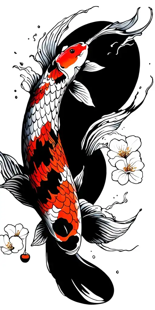 Koi Fish Tattoo With Waves And Cherry Blossoms Falling