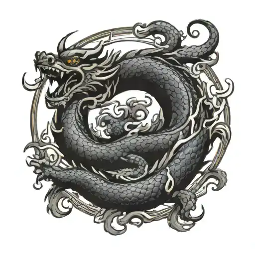 Chinese Dragon Curled Into A Ball On A Circle Background