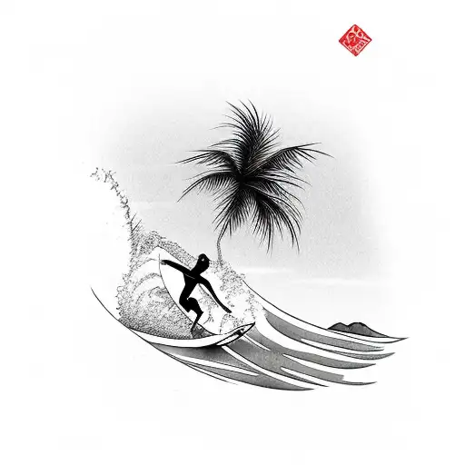 A Surfer Catching A Wave With A Palm Tree Silhouette In The Background