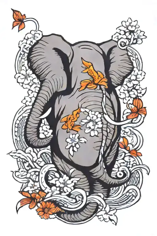 Elephant And Koi Fish With Cherry Blossoms