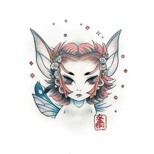 Small Fairy With A Wolf Laying Behind Her