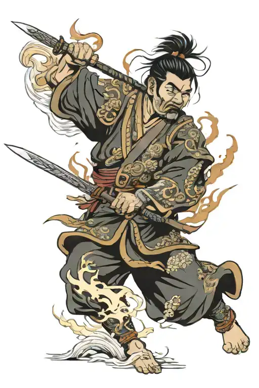 Japanese Warrior Killing Chinese Warrior Breathing Fire