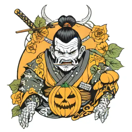 Samurai With Pumpkin Mask On Him Face Made