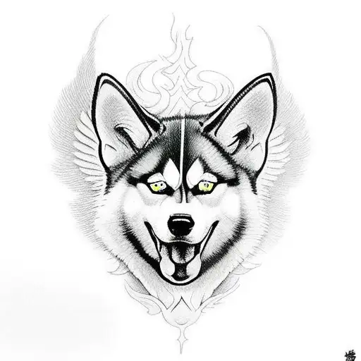 Husky Made Out Of Fire With Wings In Futurstic Style