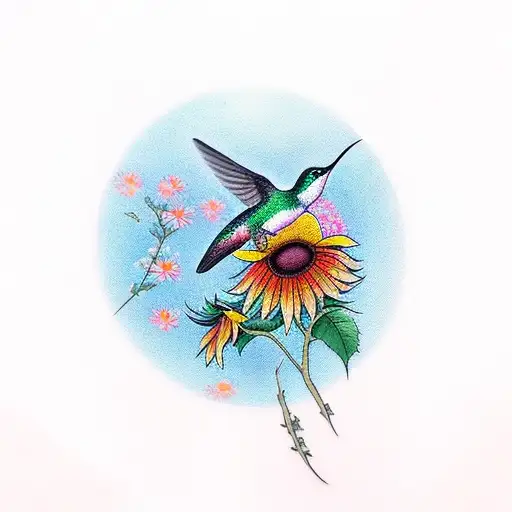Hummingbirds With Sunflower In Middle