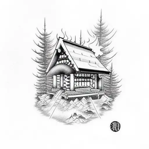 Cabin In The Woods With A Fire In Front