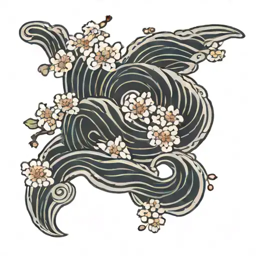 Japanese Cherry Blossoms With Waves Flowing And Elegant Script Surrounded