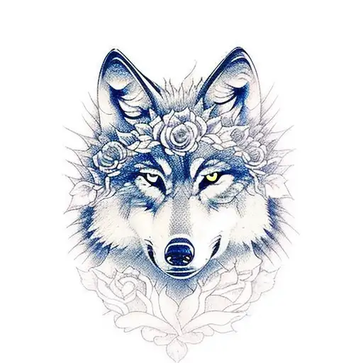 Wolf With Roses And Shrubs
