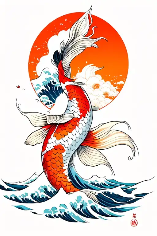 Koi Fish Going To Dragon Gate Great Wave