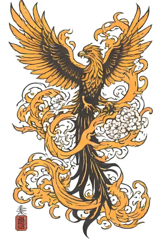 Phoenix Rising From Flames Over A Japanese Village