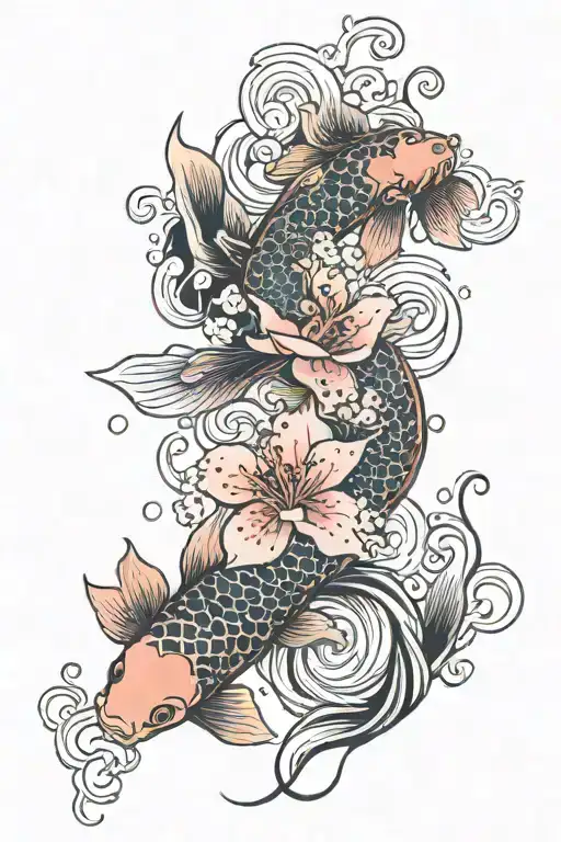 Cherry Blossom With Koi Fish With Flowers