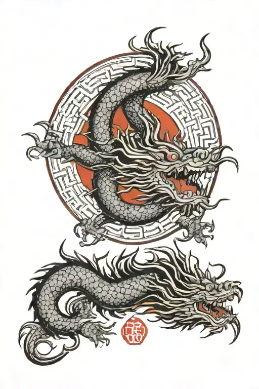Red Sun With Dragon In A Mandarin Lettering