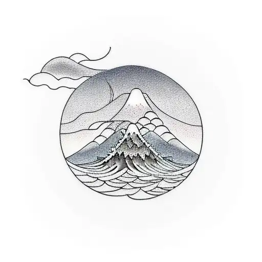 A Minimalist Tattoo Of A Serene Sea Scene With A Mountain In The Background With Fire