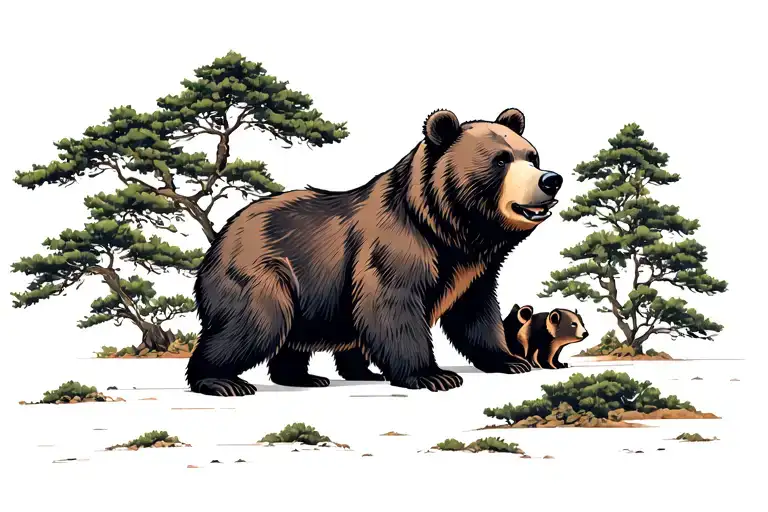 Side View Daddy Bear W 2 Cubs And Trees