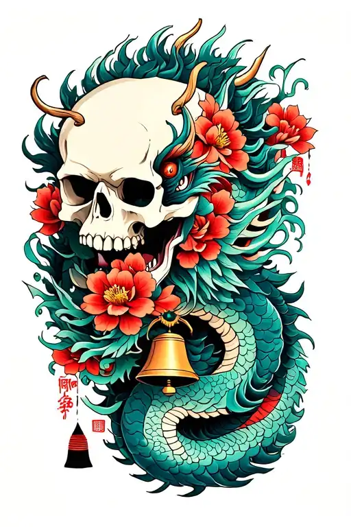 Japanese Dragon With Skull And Asian Flowers And Bell