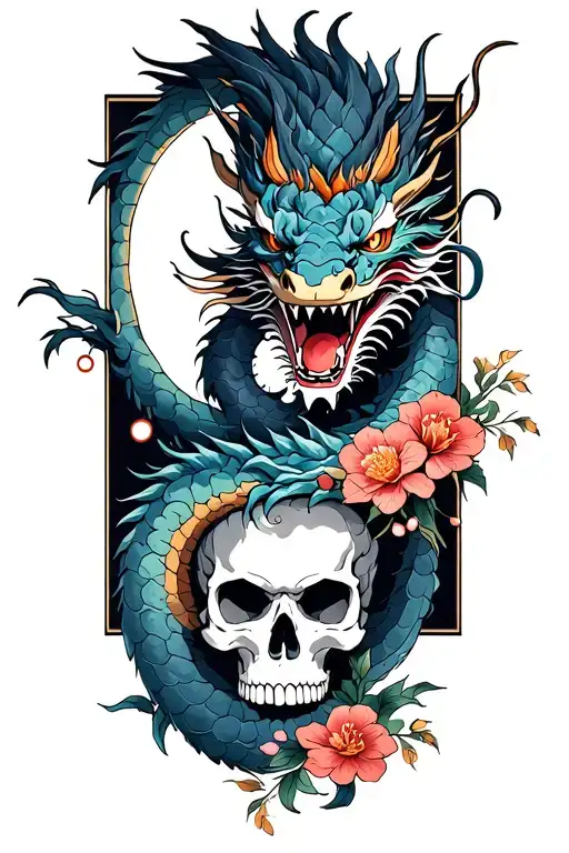 Japanese Dragon Ripping Open To Skull And Asian Flowers And Bell Rap