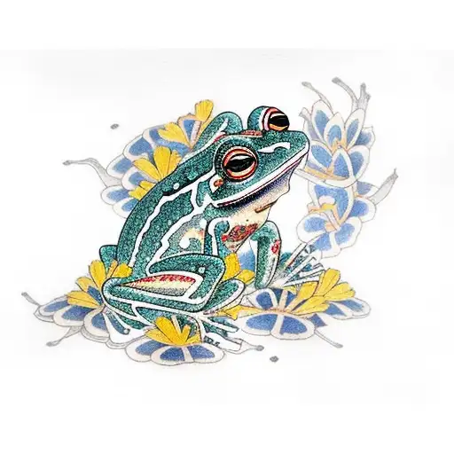 Japanese Frog In A Sauana With Flowers