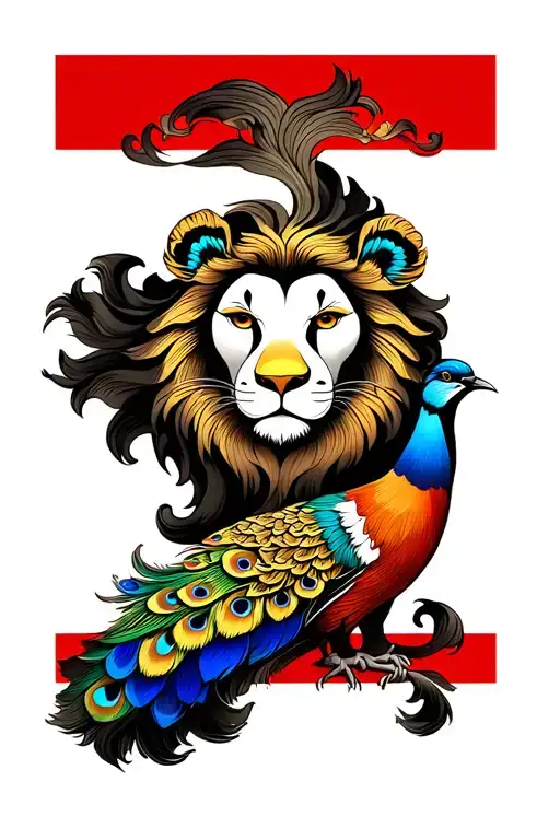 Lion Face With Peacock