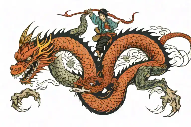 2 People Riding A Dragon Flying