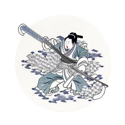 Minamoto No Yoshitsune Swinging His Katana In A Circle Around Him