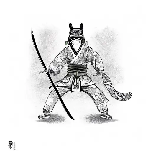 Ninja Young Woman With Katana And Kitsune Mask