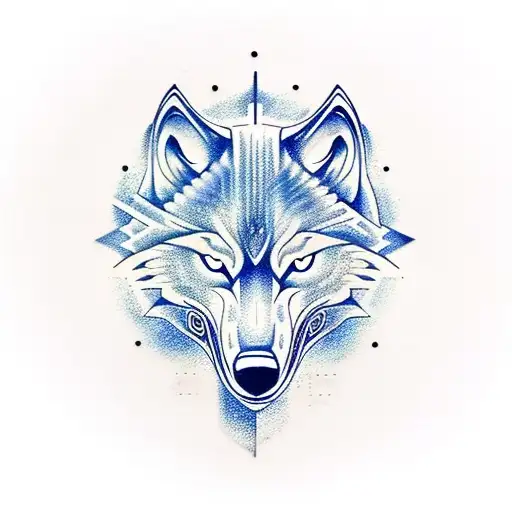 Wolf With Blue Eyes And Viking Symbol And Skull Knife Between Them On Foramrs