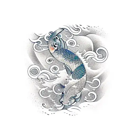 Wave Background With Koi Fish And Japanese Flowers