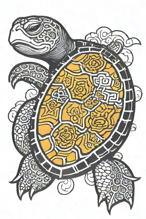 An Intricate Tattoo Of A Turtle With Elements Of Computer Game Graphics Integrated Into The Design