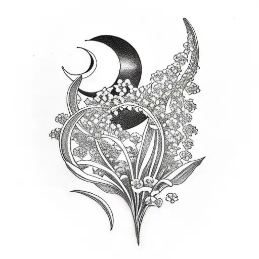 Lily Of The Valley And Violets With A Crescent Moon And A Small Dinosaurs